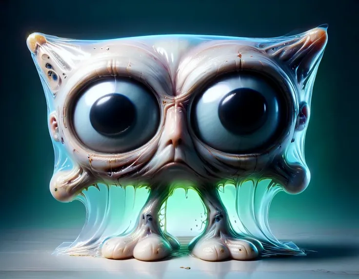 <lora:ral-shrnkwrp-sdxl:1> ral-shrnkwrp wrapped in shrink wrap, Mix the glowing plants, (squidward:1.2) and curly fur to create adorable black magical creature with big glowing eyes, masterpiece, Surrealism, close-up, macro photo, f/1.2, backlighting, Kris Kuksi, multicolored hair <lora:bigeyes-xl-v1:2.8> big eyes, anime eyes <lora:ral-melting-sdxl:0.88> ral-melting <lora:add-detail-XL:0.75> <lora:ral-bnz-sdxl:0.75> ral-bnz, subsurface scattering, ultra hd, 4k, high def, Photorealistic, Hyperrealistic, Hyper detailed, analog style, realistic, masterpiece, best quality, ultra realistic, 8k, Intricate, High Detail, film photography, soft lighting, heavy shadow