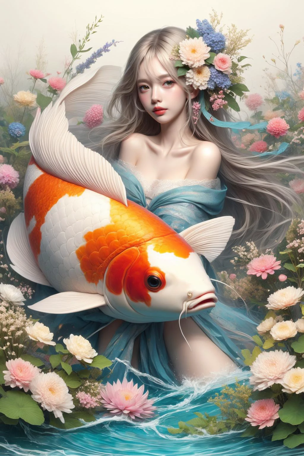 2d, 1girl, hair ornament, flower,
big fish, solo, looking at viewer,
<lora:鲤鱼姬:1>