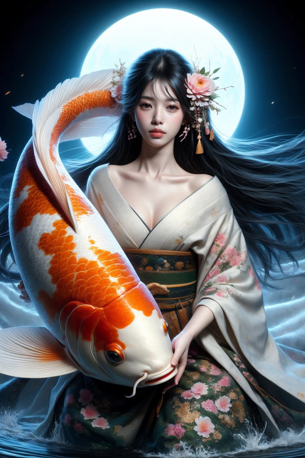 1girl, Woman focus, breasts, cowboy shot, Riding on the carpï¼
hair ornament, flower,studio light,side light,
big koi, solo, looking at viewer,
<lora:鲤鱼姬:1>