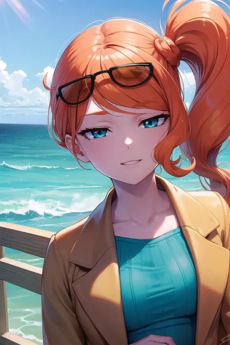 pokemonsonia, <lyco:pokemonsonia-lyco-nochekaiser:1>,
pokemonsonia, aqua eyes, heart, heart hair ornament, long hair, long sleeves, orange hair, side ponytail, swept bangs, <lora:sensualface_type1:1>, smile,
BREAK aqua footwear, aqua nails, aqua shirt, brown coat, brown jacket, coat, collarbone, eyewear on head, jacket, long sleeves, orange-tinted eyewear, pants, ribbed shirt, shirt, sunglasses, tinted eyewear,
BREAK looking at viewer, (upper body:1.2),
BREAK outdoors, city, sky, sun,
BREAK <lyco:GoodHands-beta2:1>, (masterpiece:1.2), best quality, high resolution, unity 8k wallpaper, (illustration:0.8), (beautiful detailed eyes:1.6), extremely detailed face, perfect lighting, extremely detailed CG, (perfect hands, perfect anatomy),