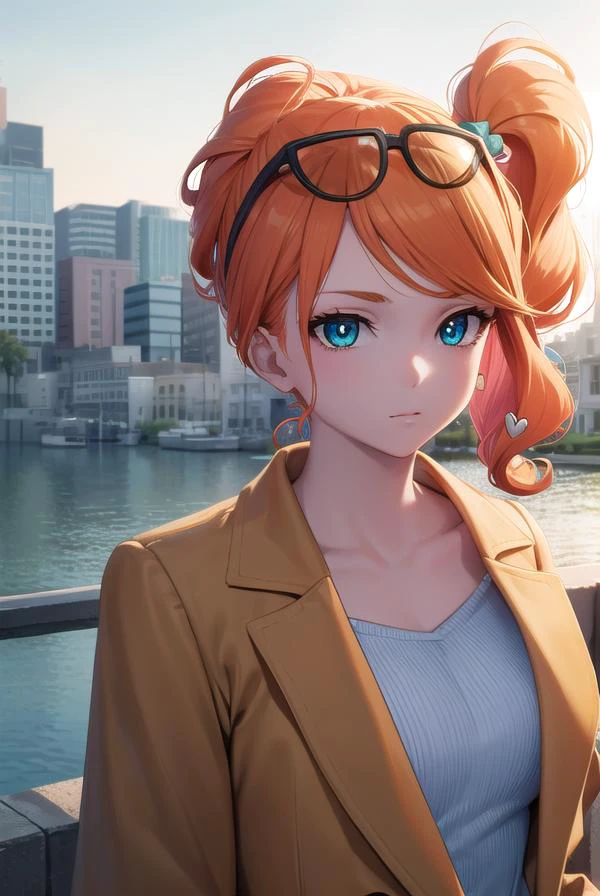 pokemonsonia, <lyco:pokemonsonia-lyco-nochekaiser:1>,
pokemonsonia, aqua eyes, heart, heart hair ornament, long hair, long sleeves, orange hair, side ponytail, swept bangs,
BREAK aqua footwear, aqua nails, aqua shirt, brown coat, brown jacket, coat, collarbone, eyewear on head, jacket, long sleeves, orange-tinted eyewear, pants, ribbed shirt, shirt, sunglasses, tinted eyewear,
BREAK looking at viewer, (upper body:1.2),
BREAK outdoors, city, sky, sun,
BREAK <lyco:GoodHands-beta2:1>, (masterpiece:1.2), best quality, high resolution, unity 8k wallpaper, (illustration:0.8), (beautiful detailed eyes:1.6), extremely detailed face, perfect lighting, extremely detailed CG, (perfect hands, perfect anatomy),