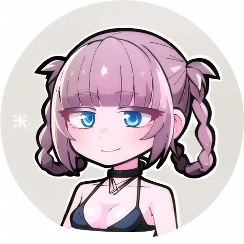 (high quality, high resolution:1.3), 4k, masterpiece,
BREAK
1girl, <lora:XenoderA Style-000004:1>, chibi, outline, upper body, blue eyes, pink hair, smile, blush, face, grey background, simple background, <lora:chara_YofukashiNoUta_NanakusaNazusa_v3:0.8>, nanakusa nazuna, hair rings, cleavage cutout, black ribbon, black choker, black bikini, (small breasts:1.1),<lora:NoiseOffset_v2:1.0><lora:NoiseOffset_v2:1.0>