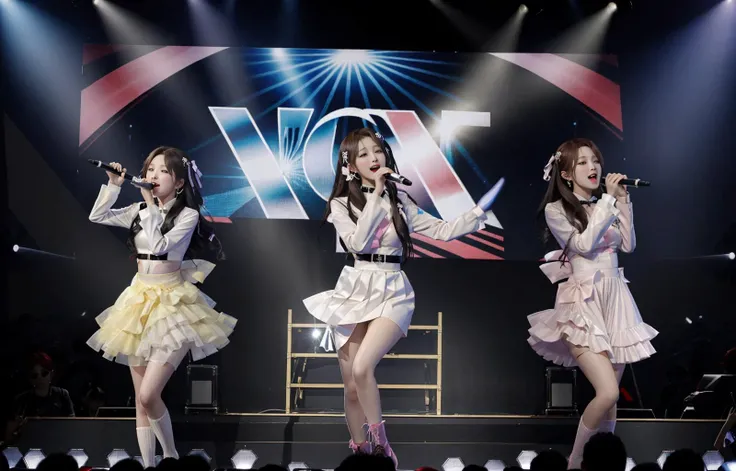(masterpiece), idol stage, 5girls singing on stage with microphone, crowd