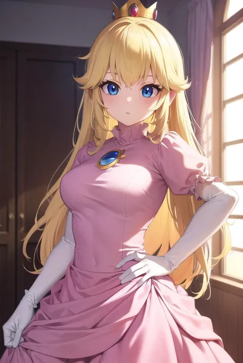 princesspeach, <lyco:princesspeach-lyco-nochekaiser:1>,
princess peach, blonde hair, blue eyes, long hair,
BREAK crown, dress, gem, gloves, pink dress, puffy short sleeves, puffy sleeves, short sleeves, white gloves,
BREAK indoors,
BREAK looking at viewer, (cowboy shot:1.5),
BREAK <lyco:GoodHands-beta2:1>, (masterpiece:1.2), best quality, high resolution, unity 8k wallpaper, (illustration:0.8), (beautiful detailed eyes:1.6), extremely detailed face, perfect lighting, extremely detailed CG, (perfect hands, perfect anatomy),