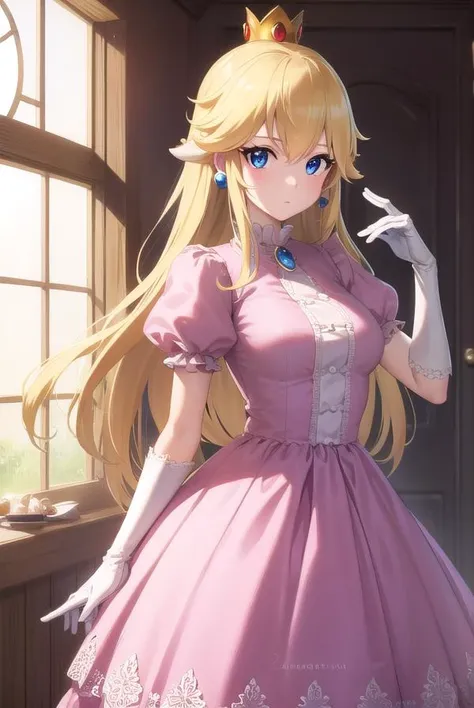 princesspeach, <lyco:princesspeach-lyco-nochekaiser:1>,
princess peach, blonde hair, blue eyes, long hair,
BREAK crown, dress, gem, gloves, pink dress, puffy short sleeves, puffy sleeves, short sleeves, white gloves,
BREAK indoors,
BREAK looking at viewer, (cowboy shot:1.5),
BREAK <lyco:GoodHands-beta2:1>, (masterpiece:1.2), best quality, high resolution, unity 8k wallpaper, (illustration:0.8), (beautiful detailed eyes:1.6), extremely detailed face, perfect lighting, extremely detailed CG, (perfect hands, perfect anatomy),