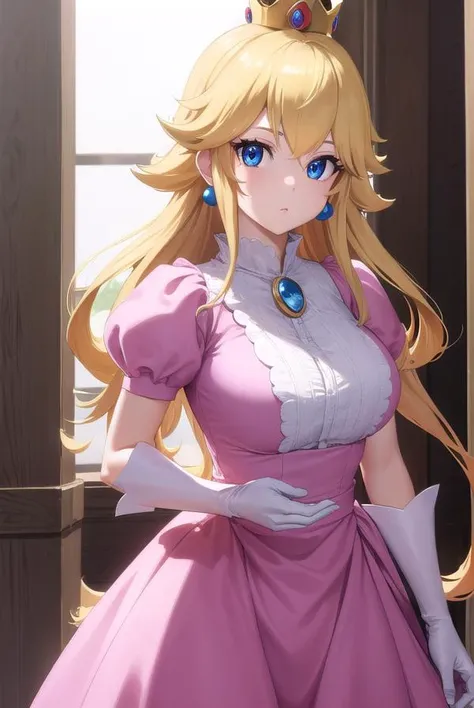 princesspeach, <lyco:princesspeach-lyco-nochekaiser:1>,
princess peach, blonde hair, blue eyes, long hair,
BREAK crown, dress, gem, gloves, pink dress, puffy short sleeves, puffy sleeves, short sleeves, white gloves,
BREAK indoors,
BREAK looking at viewer, (cowboy shot:1.5),
BREAK <lyco:GoodHands-beta2:1>, (masterpiece:1.2), best quality, high resolution, unity 8k wallpaper, (illustration:0.8), (beautiful detailed eyes:1.6), extremely detailed face, perfect lighting, extremely detailed CG, (perfect hands, perfect anatomy),