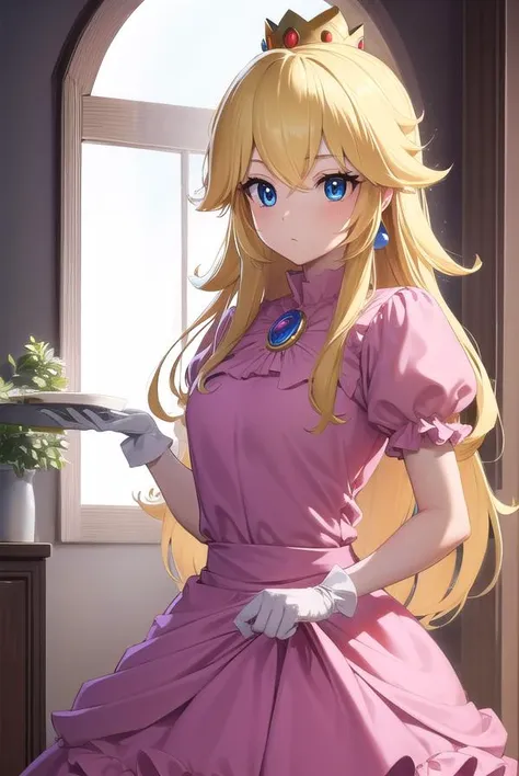 princesspeach, <lyco:princesspeach-lyco-nochekaiser:1>,
princess peach, blonde hair, blue eyes, long hair,
BREAK crown, dress, gem, gloves, pink dress, puffy short sleeves, puffy sleeves, short sleeves, white gloves,
BREAK indoors,
BREAK looking at viewer, (cowboy shot:1.5),
BREAK <lyco:GoodHands-beta2:1>, (masterpiece:1.2), best quality, high resolution, unity 8k wallpaper, (illustration:0.8), (beautiful detailed eyes:1.6), extremely detailed face, perfect lighting, extremely detailed CG, (perfect hands, perfect anatomy),