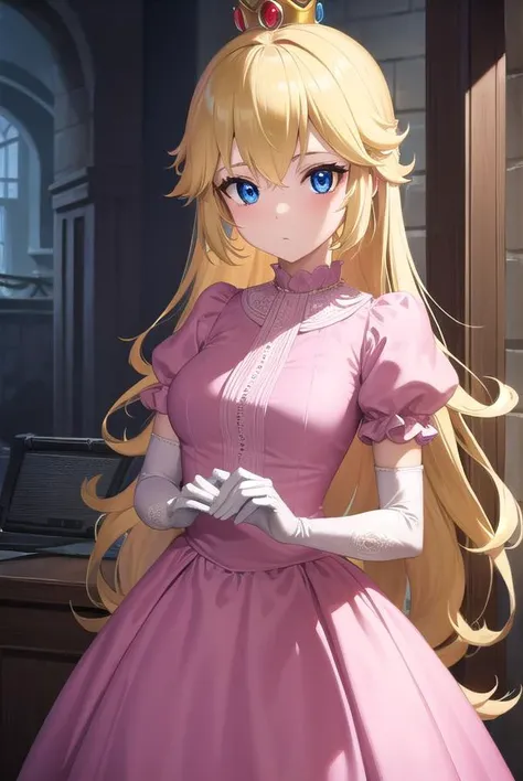princesspeach, <lyco:princesspeach-lyco-nochekaiser:1>,
princess peach, blonde hair, blue eyes, long hair,
BREAK crown, dress, gem, gloves, pink dress, puffy short sleeves, puffy sleeves, short sleeves, white gloves,
BREAK indoors,
BREAK looking at viewer, (cowboy shot:1.5),
BREAK <lyco:GoodHands-beta2:1>, (masterpiece:1.2), best quality, high resolution, unity 8k wallpaper, (illustration:0.8), (beautiful detailed eyes:1.6), extremely detailed face, perfect lighting, extremely detailed CG, (perfect hands, perfect anatomy),