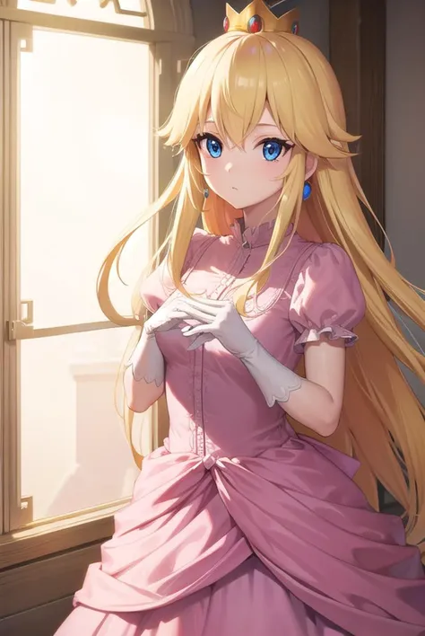 princesspeach, <lyco:princesspeach-lyco-nochekaiser:1>,
princess peach, blonde hair, blue eyes, long hair,
BREAK crown, dress, gem, gloves, pink dress, puffy short sleeves, puffy sleeves, short sleeves, white gloves,
BREAK indoors,
BREAK looking at viewer, (cowboy shot:1.5),
BREAK <lyco:GoodHands-beta2:1>, (masterpiece:1.2), best quality, high resolution, unity 8k wallpaper, (illustration:0.8), (beautiful detailed eyes:1.6), extremely detailed face, perfect lighting, extremely detailed CG, (perfect hands, perfect anatomy),