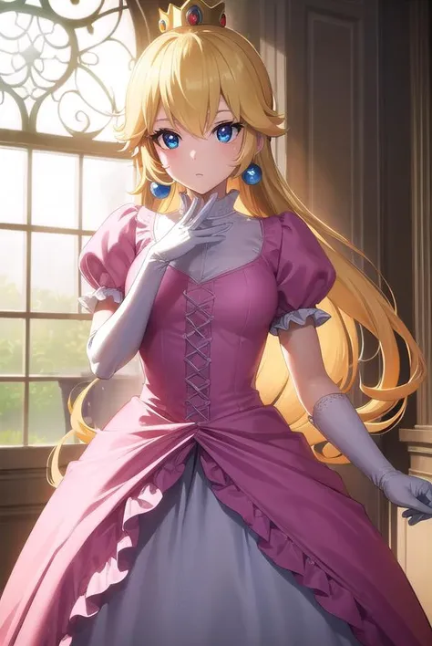 princesspeach, <lyco:princesspeach-lyco-nochekaiser:1>,
princess peach, blonde hair, blue eyes, long hair,
BREAK crown, dress, gem, gloves, pink dress, puffy short sleeves, puffy sleeves, short sleeves, white gloves,
BREAK indoors,
BREAK looking at viewer, (cowboy shot:1.5),
BREAK <lyco:GoodHands-beta2:1>, (masterpiece:1.2), best quality, high resolution, unity 8k wallpaper, (illustration:0.8), (beautiful detailed eyes:1.6), extremely detailed face, perfect lighting, extremely detailed CG, (perfect hands, perfect anatomy),