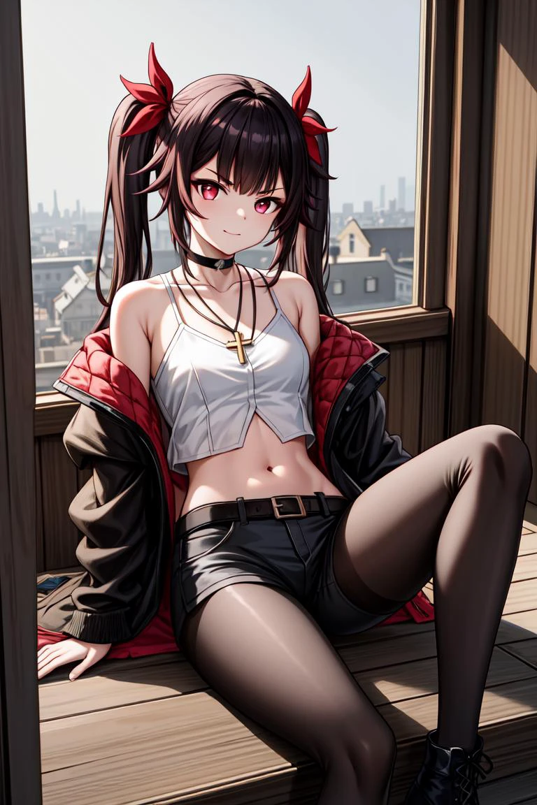 <lora:è±ç«:0.8>, sparkle \\\(honkai: star rail\\\), mask, twintails, (black hair:1.2), long hair, smile, choker, bangs, red eyes,
1girl, solo, sitting, spread legs,midriff,bangs, closed mouth, staring, looking at viewer, V-shaped eyebrows, frown, necklace, hand on own knee, black pantyhose, long sleeves, choker, crop top, white crop top, white shirt, breasts, navel, cross-laced, skin tight, shiny, skindentation, white jacket, open jacket, coat, jacket on shoulders, off shoulder, black shorts, belt, boots, black footwear, combat boots, sitting on stairs, stairs,, <lora:hyperdetailer_v095:0.6>, <lora:outline:0.4>,, weird atmosphere, (best quality:1.1), (masterpiece:1.2), high quality shadow, beautiful detailed, (high detailed skin, skin details), (wide_landscape, 8k), beautiful face, detailed eyes, depth of field, dramatic light, best quality, highres, best shadow, best illumination,