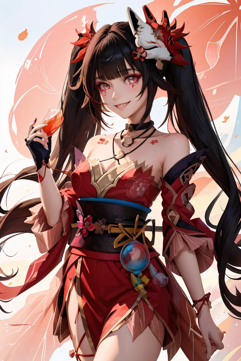 (masterpiece, best quality), 1girl, <lora:sparkle:1> sparkle \\\(honkai: star rail\\\),1girl,solo,mask,twintails,fish,long hair,fox mask,smile,japanese clothes,bare shoulders,kimono,choker,bangs,cleavage,