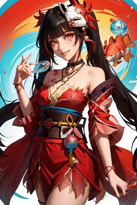 (masterpiece, best quality), 1girl, <lora:sparkle:1> sparkle \\\(honkai: star rail\\\),1girl,solo,mask,twintails,fish,long hair,fox mask,smile,japanese clothes,bare shoulders,kimono,choker,bangs,cleavage,