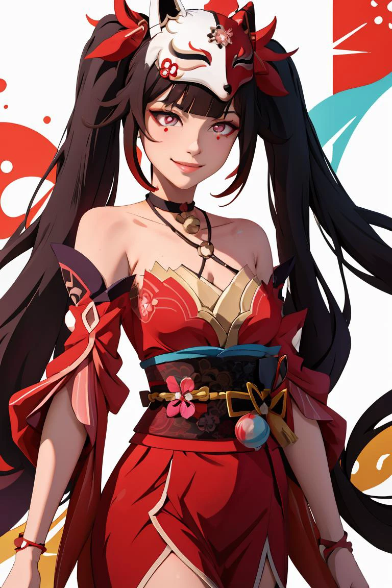 (masterpiece, best quality), 1girl, <lora:sparkle:1> sparkle \\\(honkai: star rail\\\),1girl,solo,mask,twintails,fish,long hair,fox mask,smile,japanese clothes,bare shoulders,kimono,choker,bangs,cleavage,
