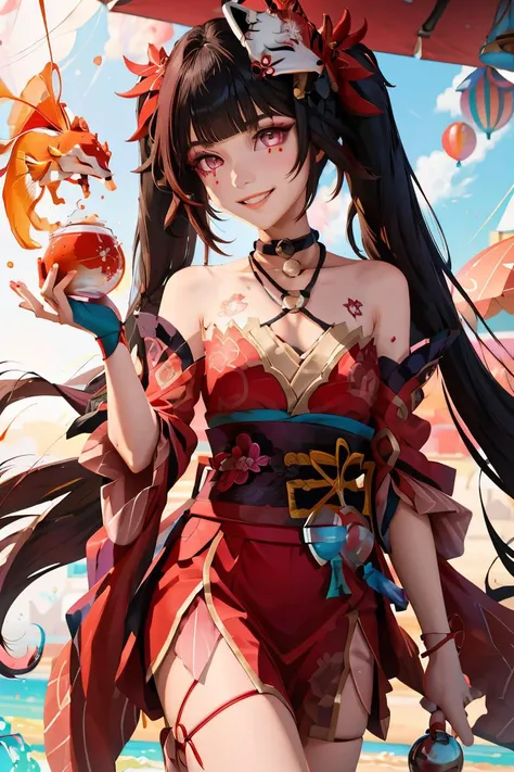 (masterpiece, best quality), 1girl, <lora:sparkle:1> sparkle \\\(honkai: star rail\\\),1girl,solo,mask,twintails,fish,long hair,fox mask,smile,japanese clothes,bare shoulders,kimono,choker,bangs,cleavage,