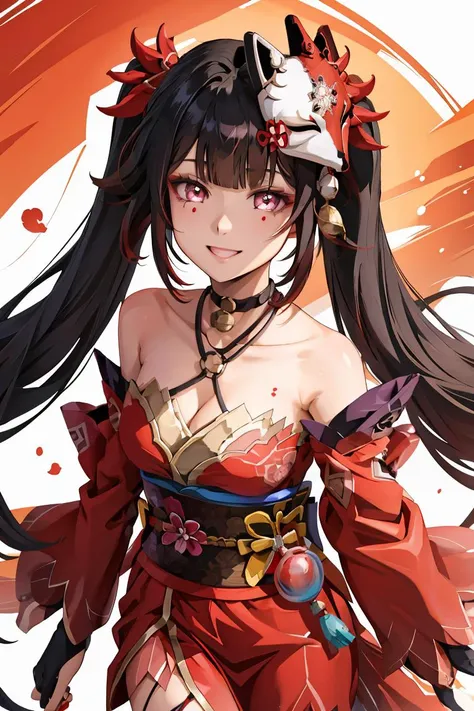 (masterpiece, best quality), 1girl, <lora:sparkle:1> sparkle \\\(honkai: star rail\\\),1girl,solo,mask,twintails,fish,long hair,fox mask,smile,japanese clothes,bare shoulders,kimono,choker,bangs,cleavage,