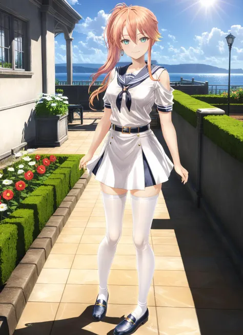 masterpiece,best quality, full body, 
 <lora:JL13-R10E10L4R8A4CAPN:1> ,KnKJudithLanster,smile,
garden,sunlight,
ocean, standing, looking at viewer, 
serafuku, loafers, white thighhighs,