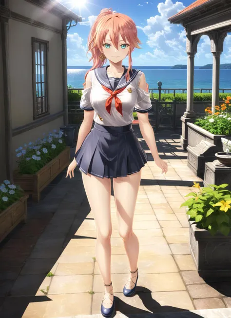 masterpiece,best quality, full body, 
 <lora:JL13-R10E10L4R8A4CAPN:1> ,KnKJudithLanster,smile,
garden,sunlight,
ocean, standing, looking at viewer, 
serafuku,