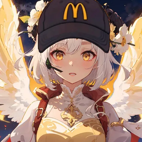 masterpiece, absurdres, mcdonald's hat, mcdonald's profile photo, 1girl,  parted lips, surprised, open mouth, white hair, yellow eyes, short hair,  breasts, (night sky background),green dress,