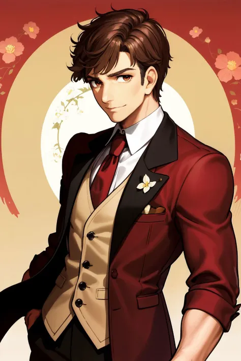 solo, mature male, amused, dark brown hair, clean-shaven, beige eyes, red waistcoat, frontlighting, Bellflower \(flower\), floral background <lora:wada_arco_style_v01:1>