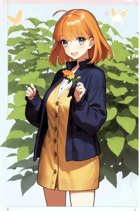 solo, mature female, excited, orange hair, dyed bangs, dark blue eyes, cream cardigan, glttering light, Butterfly_Bush \(flower\), floral background <lora:wada_arco_style_v01:1>