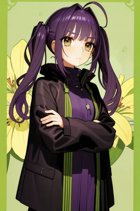 solo, mature female, worried, dark purple hair, uneven twintails, dark brown eyes, light green raincoat, bright, Peruvian_Lily \(flower\), floral background <lora:wada_arco_style_v01:1>