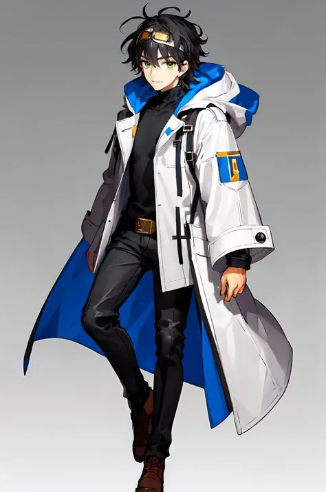 <lora:wada_arco_style_v01:1>, ultra detailed, masterpiece, best quality, solo, smile,
1boy, green eyes, short hair, black hair, bangs, hair between eyes, messy hair,
(goggles on head:1.3), headband, white coat, hooded coat, hood down, open coat, turtleneck, capri pants, pants, black knee boots,