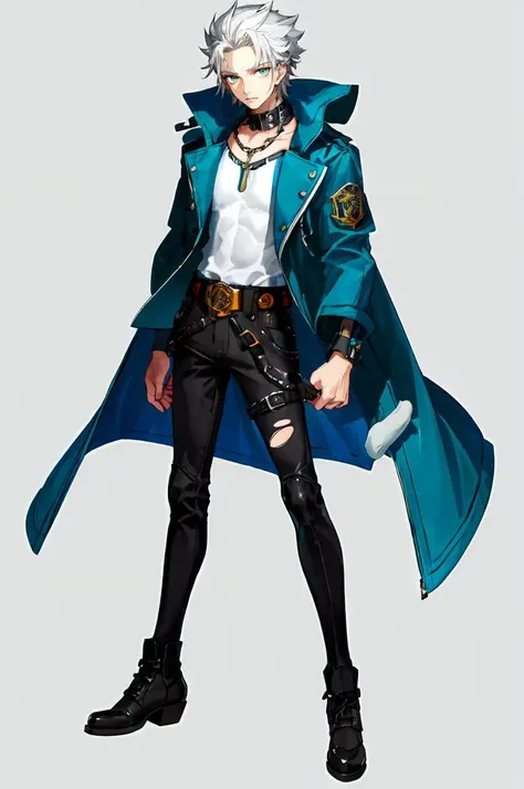 <lora:wada_arco_style_v01:1>, ultra detailed, masterpiece, best quality, solo, 1boy, teal eyes, <lora:Tsurime3:1>, (tsurime:1.2), parted bangs, white hair, (medium hair, straight hair:1.3), shoulder-length hair, male focus,
coat, shirt, pants, studded belt, multiple belts, combat boots, torn clothes, necklace, black and green theme,