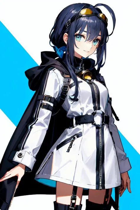 <lora:wada_arco_style_v01:1>, ultra detailed, masterpiece, best quality, solo, smile, white and blue theme,
1girl, (teal eyes:1.1), (aqua eyes:0.45), (black hair:1.2), <lora:low_ponytail-1.0:0.95> low ponytail, ahoge, low ponytail, absurdly long hair, very long hair, (hair flaps:1.2), flipped hair, hair between eyes, bangs, messy hair, small breasts,
(goggles on head:1.3), hooded coat, open coat, turtleneck, capri pants, black knee boots, multiple belts, multiple straps, white long jacket, white coat, (half-skirt:0.65), layered clothes, hair ribbon, black legwear,