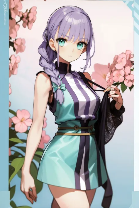 solo, mature female, nervous, light purple hair, braid, aqua eyes, light purple sleeveless shirt, day, Stephanotis \(flower\), floral background <lora:wada_arco_style_v01:1>
