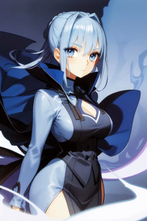 solo, mature female, cold, light blue hair, low tied sidelocks, cream eyes, dark blue stole, foggy atmosphere, Cattleya \(flower\), floral background <lora:wada_arco_style_v01:1>
