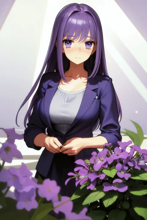 solo, mature female, flustered, purple hair, comb over, grey eyes, blue blouse, god rays, Campanula \(flower\), floral background <lora:wada_arco_style_v01:1>
