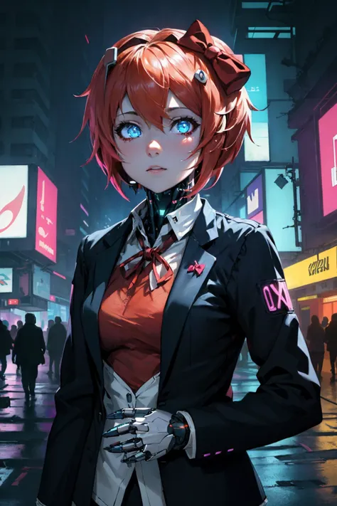 1girl, (sayori:1.2), short hair, pink hair, hair bow, red bow, blazer, neck ribbon, blue eyes, looking at viewer, city, background, technology, (cyberpunk, neon, glow, rgb, robot:1.2), metal, vibrant, <lora:ddlc-10:0.8> , <lora:android-seams:0.8>