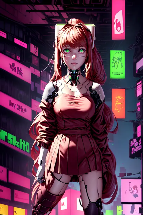 1girl, (monika (doki doki literature club):1.2), brown hair, bangs, very long hair, ponytail, hair bow, blazer, neck ribbon, green eyes, looking at viewer, <lora:MonikaV1:0.8>, city, background, technology, robot, (cyberpunk, neon, glow, rgb, robot:1.2), metal legs, headset, vibrant, <lora:android-seams:0.8>