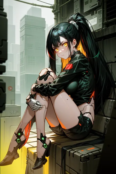 best quality, very detailed, chinese style, mature female, medium breasts, yellow eyes, golden eyes, glowing eyes, serious, <lora:android-seams:0.8> android-seams, robot joints, <lora:GoodHands-vanilla:0.4>, green and black hair, (multicolored hair:1.2), very long hair, ponytail, oversized black tshirt, military shorts, cyberpunk, <lora:hyperdetailer_v095:0.6>, black and green theme,