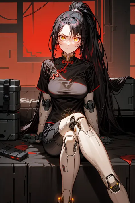 best quality, very detailed, chinese style, mature female, medium breasts, yellow eyes, golden eyes, glowing eyes, serious, <lora:android-seams:0.8> android-seams, robot joints, <lora:GoodHands-vanilla:0.4>, red and black hair, multicolored hair, very long hair, ponytail, oversized black tshirt, military shorts, cyberpunk, <lora:hyperdetailer_v095:0.6>, black and red theme,