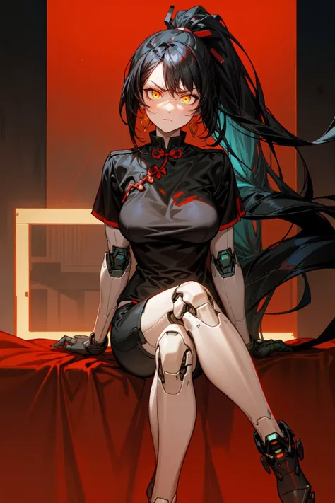 best quality, very detailed, chinese style, mature female, medium breasts, yellow eyes, golden eyes, glowing eyes, serious, <lora:android-seams:0.8> android-seams, robot joints, <lora:GoodHands-vanilla:0.4>, red and black hair, multicolored hair, very long hair, ponytail, oversized black tshirt, military shorts, cyberpunk, <lora:hyperdetailer_v095:0.6>, black and red theme,