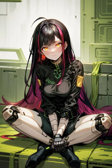 best quality, very detailed, chinese style, mature female, medium breasts, yellow eyes, golden eyes, glowing eyes,relaxed, half-closed eyes, <lora:android-seams:0.8> android-seams, robot joints, <lora:GoodHands-vanilla:0.4>, (multicolored hair:1.2), green and black hair, very long hair, messy hair, bangs, bangs hide face, oversized black tshirt, military shorts, cyberpunk, <lora:hyperdetailer_v095:0.6>, black and green theme, detailed background,