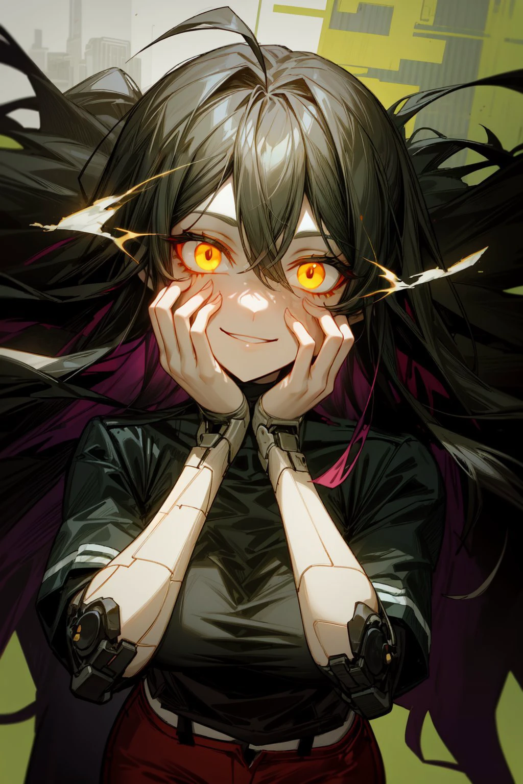 best quality, very detailed, chinese style, mature female, medium breasts, yellow eyes, golden eyes, glowing eyes, evil smile, <lora:android-seams:0.8> android-seams, robot joints, <lora:GoodHands-vanilla:0.4>, (multicolored hair:1.2), green and black hair, very long hair, messy hair, ahoge, very long bangs, hair between eyes, hair on shoulders, oversized black t-shirt, short sleeves, military shorts, cyberpunk, <lora:hyperdetailer_v095:0.6>, black and green theme, detailed background, city landscape
