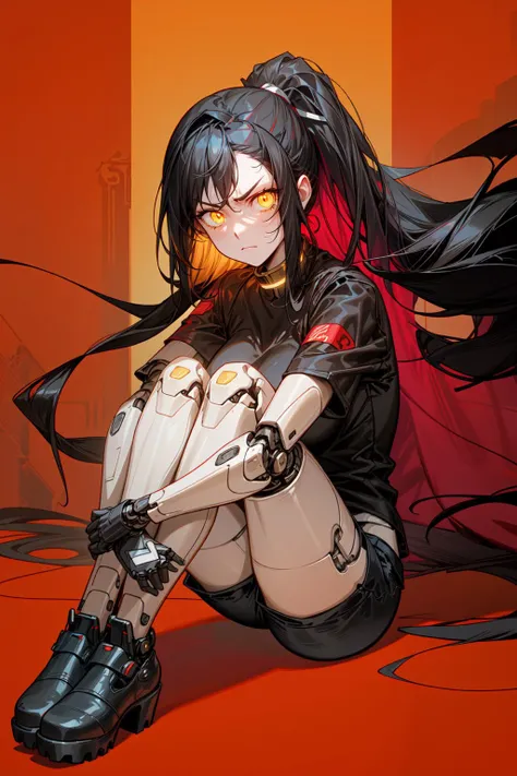best quality, very detailed, chinese style, mature female, medium breasts, yellow eyes, golden eyes, glowing eyes, serious, <lora:android-seams:0.8> android-seams, robot joints, <lora:GoodHands-vanilla:0.4>, red and black hair, multicolored hair, very long hair, ponytail, oversized black tshirt, military shorts, cyberpunk, <lora:hyperdetailer_v095:0.6>, black and red theme,