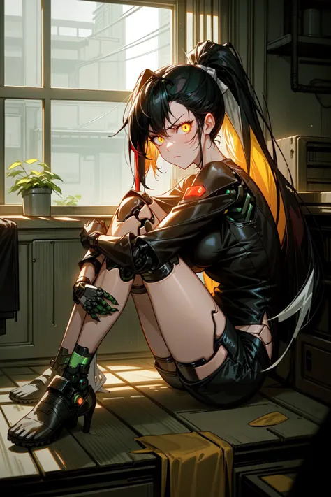 best quality, very detailed, chinese style, mature female, medium breasts, yellow eyes, golden eyes, glowing eyes, serious, <lora:android-seams:0.8> android-seams, robot joints, <lora:GoodHands-vanilla:0.4>, (multicolored hair:1.2), green and black hair, very long hair, ponytail, oversized black tshirt, military shorts, cyberpunk, <lora:hyperdetailer_v095:0.6>, black and green theme, near window, rain, detailed background,