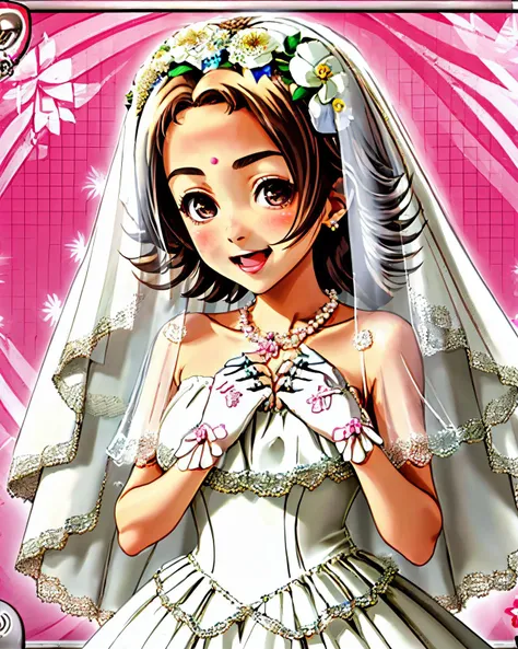 jewelry, white gloves, wedding dress, matching hair/eyes, brown hair, pink background, pearl necklace, naruse manami \(girlfriend kari\), brown eyes, gloves, wedding band, open mouth, :d, bride, white dress, bridal veil, white flower, ring, flower, 1girl, necklace, veil, smile, flower wreath, dress <lora:Naruse-Manami-10:0.8> narusemanami,