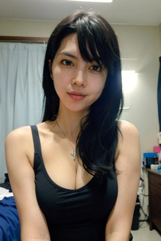 selfie photo, looking at viewer, detailed face, face focus, cleavage, small breasts, small rosario necklace, looking at viewer, face focus, dark hair, long hair, ,((masterpiece, cg ultra detailed, high definition)),profile picture of 1 girls, small breasts, upper body, wearing thin tanktop, in a dorm room, sensual aura, <lora:GoodHands-beta2:0.7>