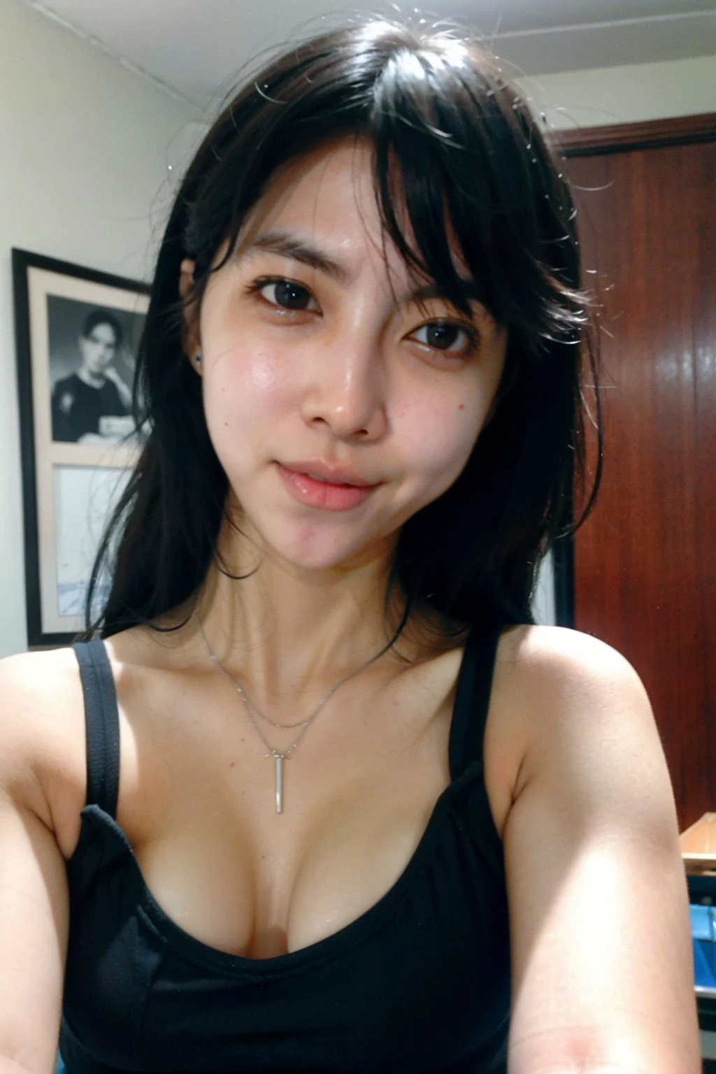 selfie photo, looking at viewer, detailed face, face focus, cleavage, small breasts, small rosario necklace, looking at viewer, face focus, brown hair, medium hair, ,((masterpiece, cg ultra detailed, high definition)),profile picture of 1 girls, small breasts, upper body, wearing thin tanktop, in a dorm room, sensual aura, <lora:GoodHands-beta2:0.7>