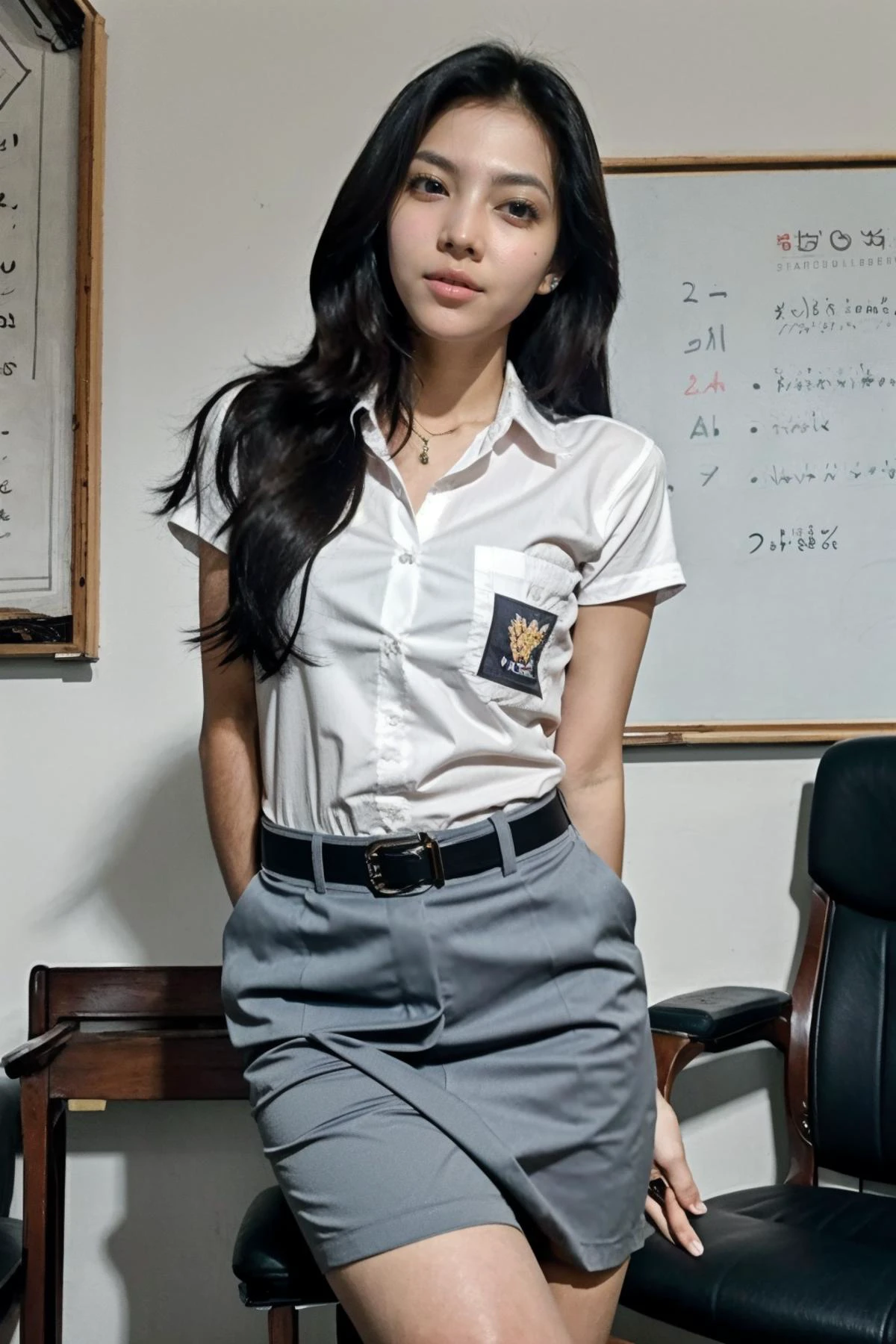 Instagram photo of an Indonesian woman with small breasts (medium long hair), seductive, sensual look, ((arms behind back)), (cowboy shot), Sma_uniform (unbuttoned), schoolgirl uniform, high school uniform, white shirt, grey skirt, standing in classroom <lora:A_SMA_Uniform_v1a:0.9>