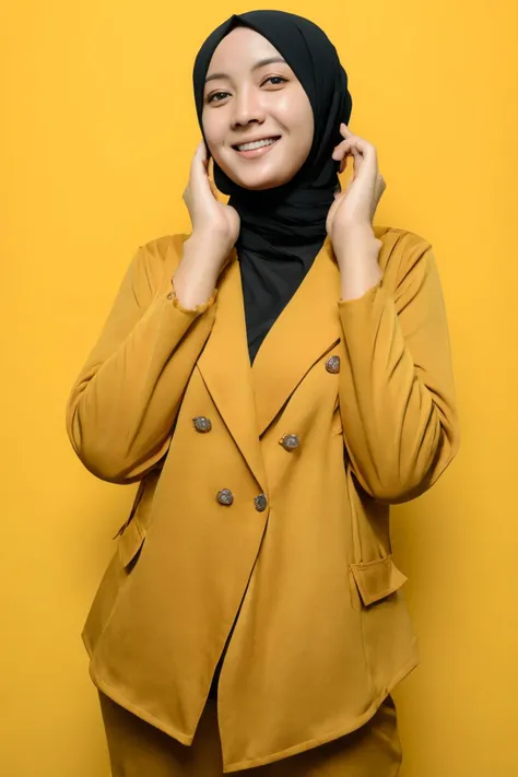 realistic, <lora:more_details:0.6>  hijab, front,yellow, smile , good hand,, detailed face, good eye, <lora:noiseOffsetForTrue_v10:1> <lora:Yellow:1>