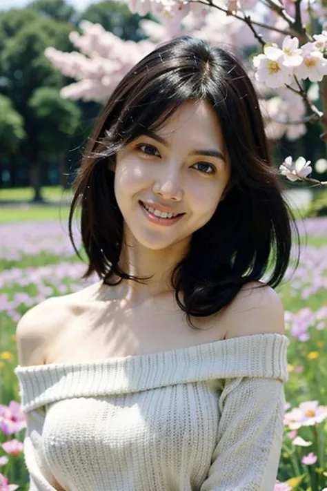 Best quality, masterpiece, ultra high res, (photorealistic:1.4), raw photo, 1girl, Sweater, off shoulder, blossom flower field, medium hair, dark hair, glowing skin, light smile