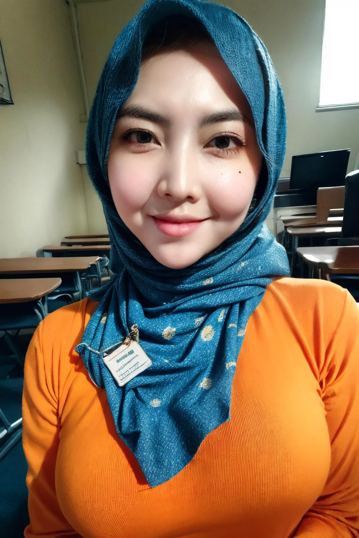 (masterpiece), (high quality, best quality, realistic, expressive eyes), classroom, (upper body), 1girl, mature female, mole under mouth, (orange hijab:1.2, blue dress:1.1, print dress), name tag, selfie, <lora:Nurul_Azwa-000004:1> <lora:more_details:1> <lora:noiseOffsetForTrue_v10:1> black eye, iris, hard shadow