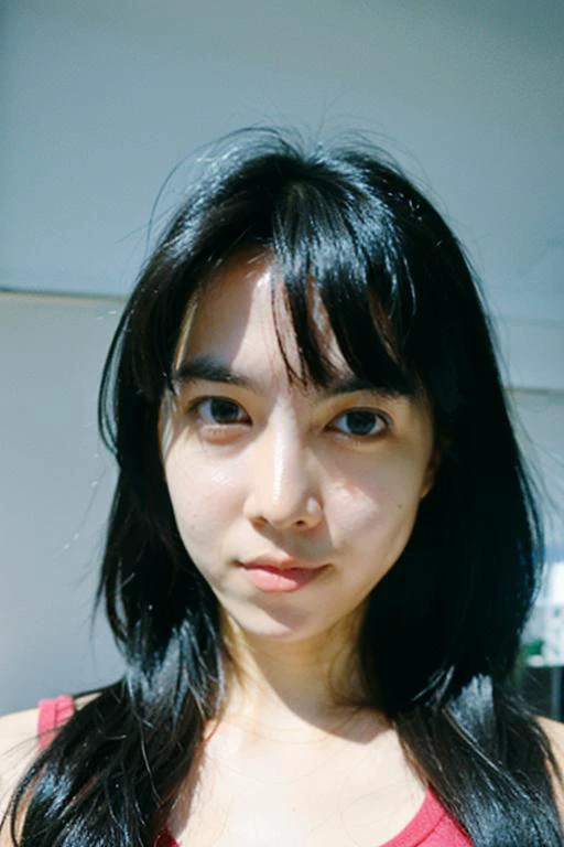 Facing viewer:1, face focus:1, looking straight to viewer, ((symmetrical photo, dark hair, facing viewer, perfect ratio, long hair:1)) , face focus, RAW photo, portrait, professional, woman, 18 year old, lora:more_details:0.7> looking at viwer, <lora:FilmVelvia3:0.8>