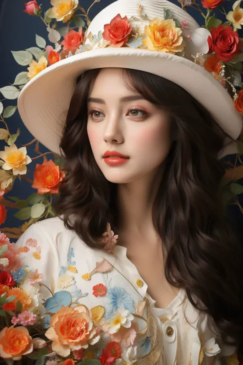 <lora:bj_Alice:0.6>,bj_Alice,upper body,hat flower,romantic realism style,high level of detail,(dreamlike scenes),Rose,Yellow flower,Red flower,Make up,jewel,Headwear,